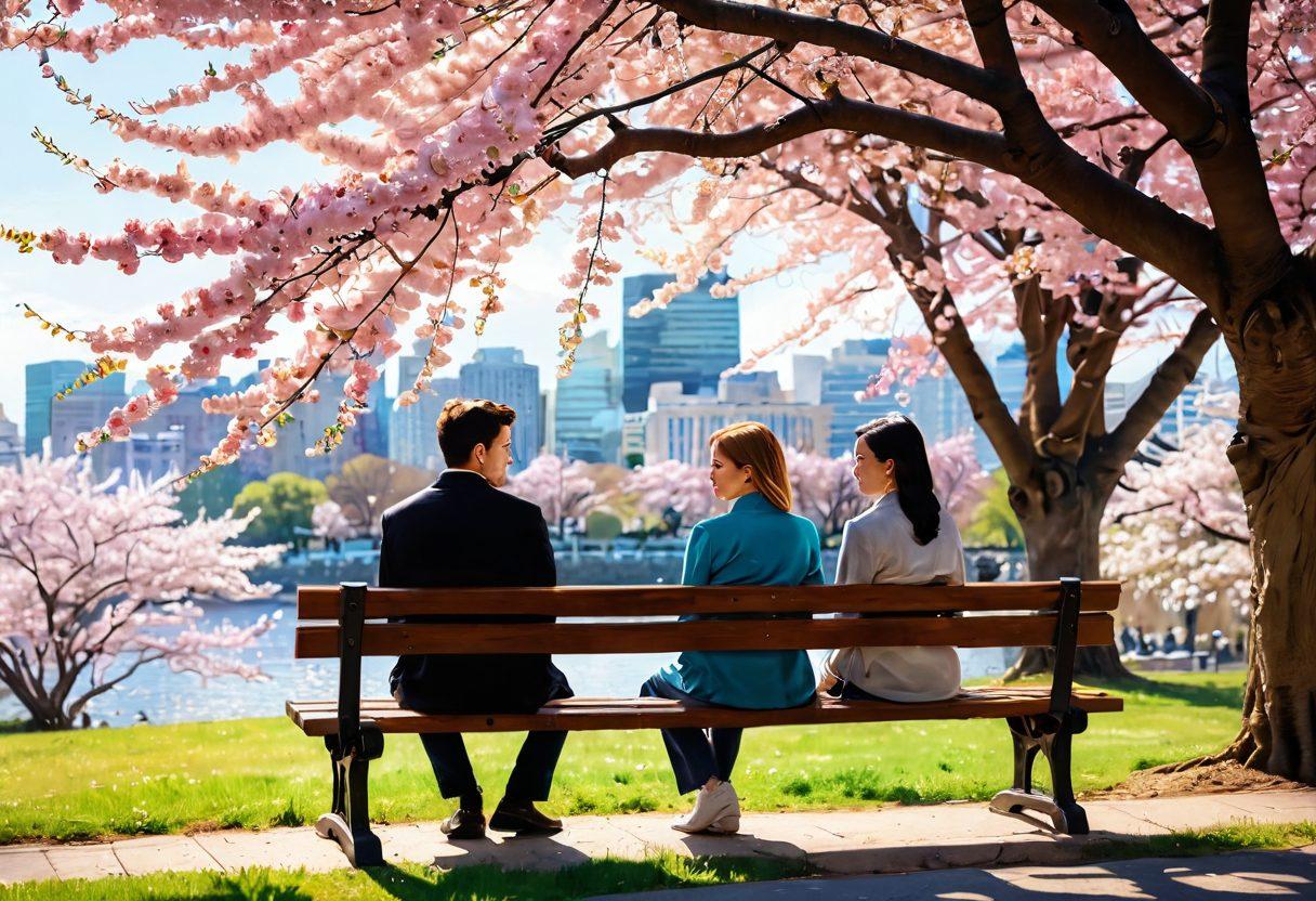 A warm, cozy setting featuring two soulmates sitting closely on a park bench, sharing a heartfelt conversation under a blooming cherry blossom tree. Soft sunlight filters through the leaves, creating a magical atmosphere. In the background, hints of a picturesque cityscape add a romantic touch. Their expressions radiate love and understanding, symbolizing their tender journey together. vibrant colors. soft focus. painting.
