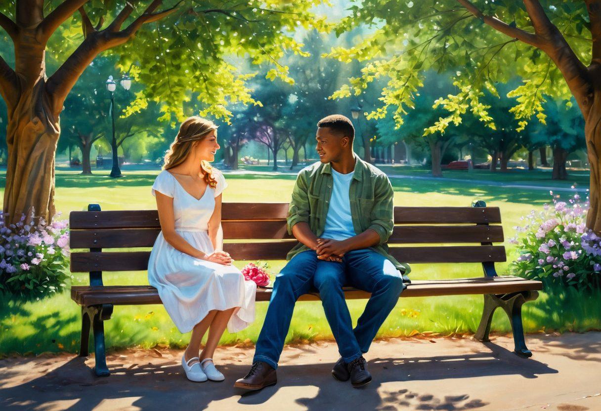 A romantic scene depicting two people sitting on a park bench, deeply engaged in conversation, with soft sunlight filtering through the trees around them. Their expressions reflect love and commitment, while symbolic elements like intertwined hearts and blooming flowers surround them, symbolizing passion and connection. The background should be a serene landscape with lush greenery and a gentle breeze. vibrant colors. painting.