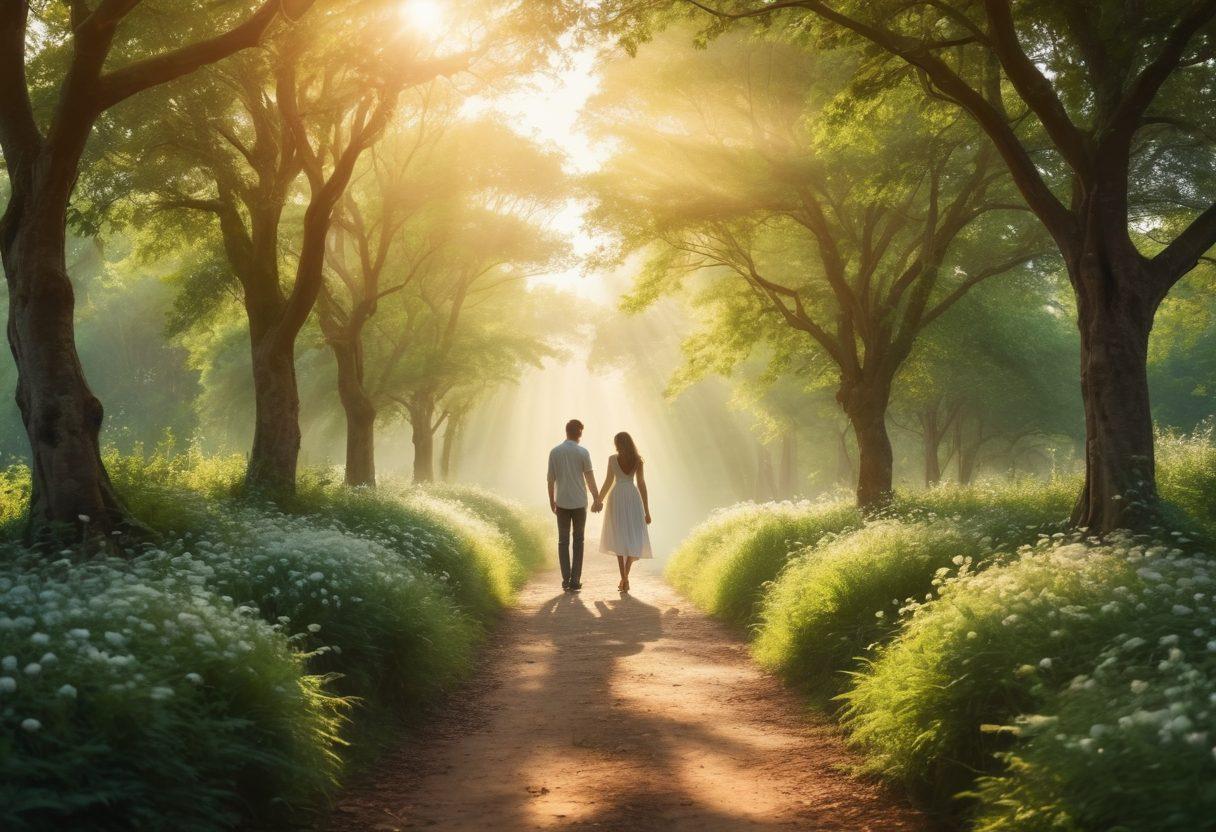 A serene landscape depicting a path winding through lush greenery, representing the journey of love, with silhouettes of a couple holding hands in the foreground, their faces glowing with affection. Soft sunlight filters through the trees, casting a warm ambiance, while floating hearts subtly blend into the background, symbolizing romance. The scene illustrates both tranquility and connection in relationships. dreamy realism. vibrant colors. soft focus.